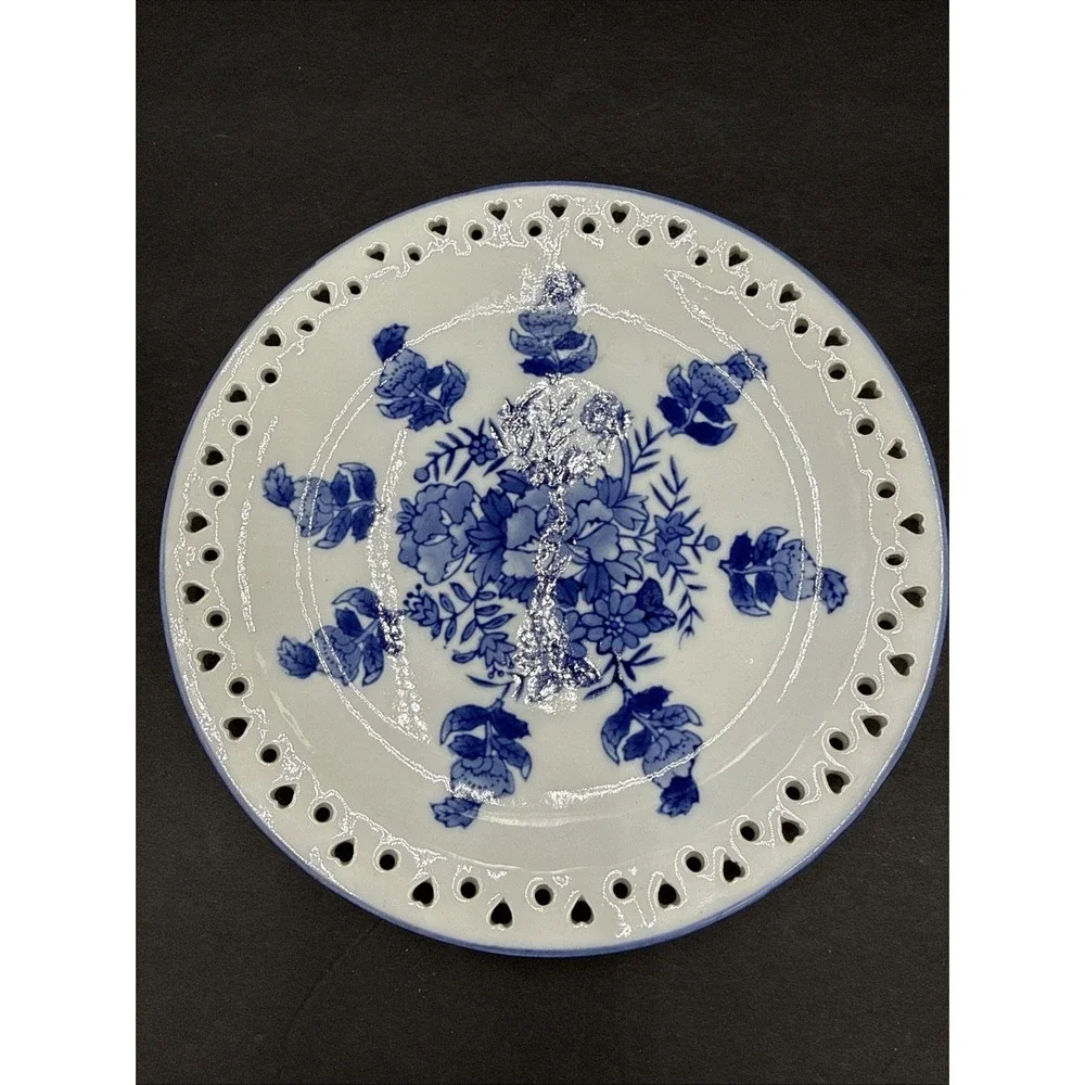 Vtg Blue & White Round Dish Ceramic Decor Vanity Plate Wall Hanger Lot Of 2